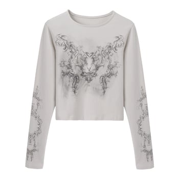 Печатена cropped дамска тениска с дълъг ръкав, стил Vintage chic, тънък силует, есен 2022