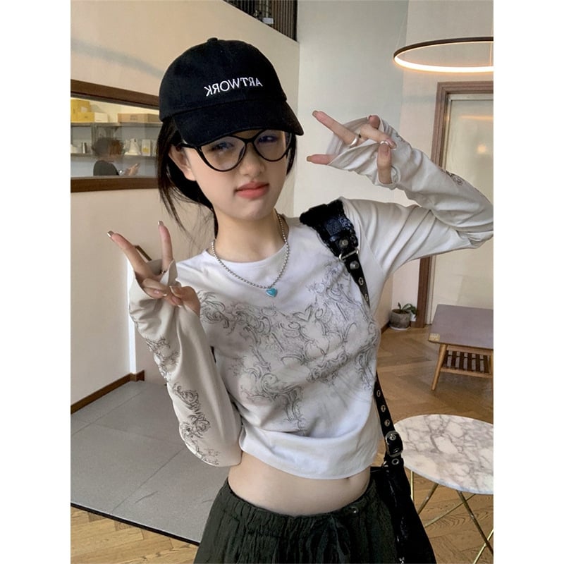 Печатена cropped дамска тениска с дълъг ръкав, стил Vintage chic, тънък силует, есен 2022