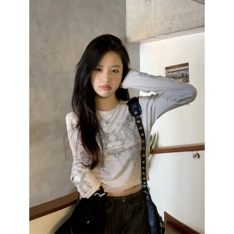 Печатена cropped дамска тениска с дълъг ръкав, стил Vintage chic, тънък силует, есен 2022