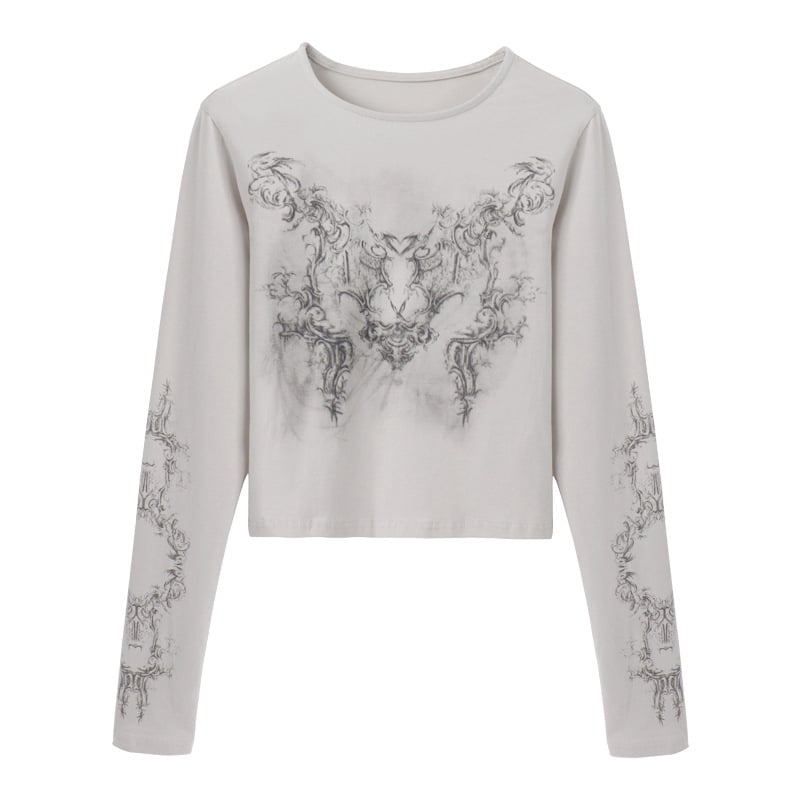 Печатена cropped дамска тениска с дълъг ръкав, стил Vintage chic, тънък силует, есен 2022