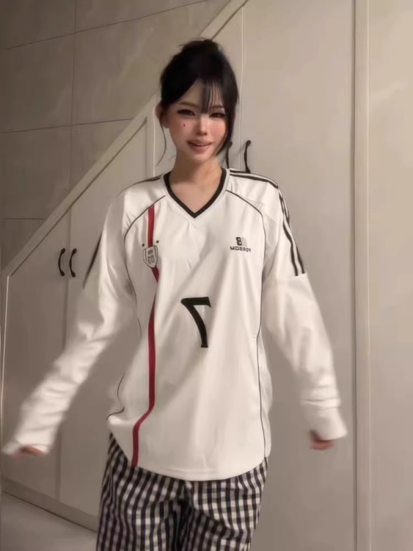 Ženski džemper s V-izrezom u američkom sportskom stilu, proljeće, blok boja, oversize ležerni kroj, dugi rukav, casual top
