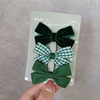 Комплект клипчета за коса за момичета в ретро сладък стил – тъмнозелено кадифено каре с панделка, странични клипчета за чело