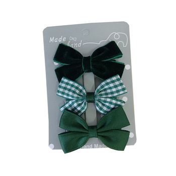 Комплект клипчета за коса за момичета в ретро сладък стил – тъмнозелено кадифено каре с панделка, странични клипчета за чело