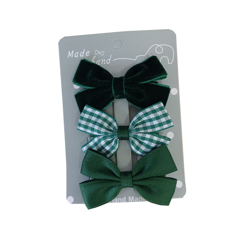 Комплект клипчета за коса за момичета в ретро сладък стил – тъмнозелено кадифено каре с панделка, странични клипчета за чело