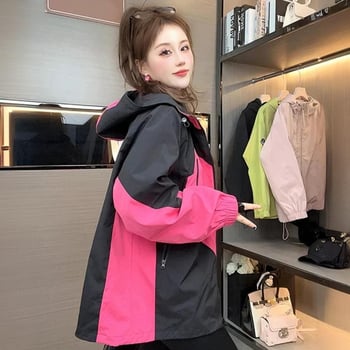 2026 Нова модна женска ветровка с качулка и цип, къс модел, свободна кройка, цвят драконов плод