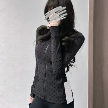 Ženska jakna za jogu s točkastim velurom, stojeći ovratnik, mekana flokirana površina, visoka elastičnost, uski kroj, vanjska sportska jakna