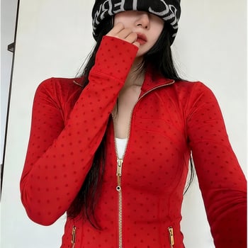 Ženska jakna za jogu s točkastim velurom, stojeći ovratnik, mekana flokirana površina, visoka elastičnost, uski kroj, vanjska sportska jakna