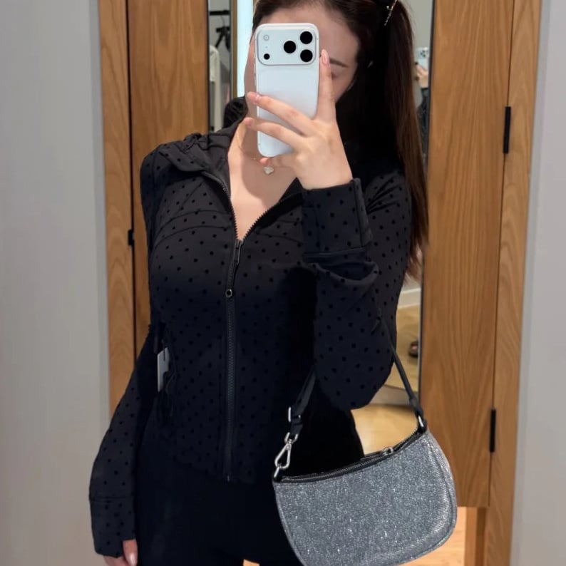 Ženska jakna za jogu s točkastim velurom, stojeći ovratnik, mekana flokirana površina, visoka elastičnost, uski kroj, vanjska sportska jakna