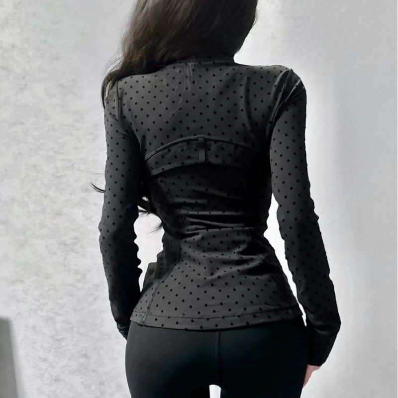 Ženska jakna za jogu s točkastim velurom, stojeći ovratnik, mekana flokirana površina, visoka elastičnost, uski kroj, vanjska sportska jakna