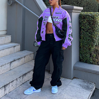 Лилаво принтено яке с дълъг ръкав, лацкан яка, полиестер, улично-пънк стил