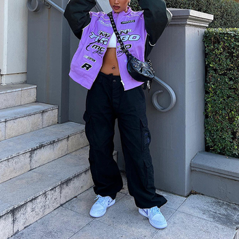 Лилаво принтено яке с дълъг ръкав, лацкан яка, полиестер, улично-пънк стил