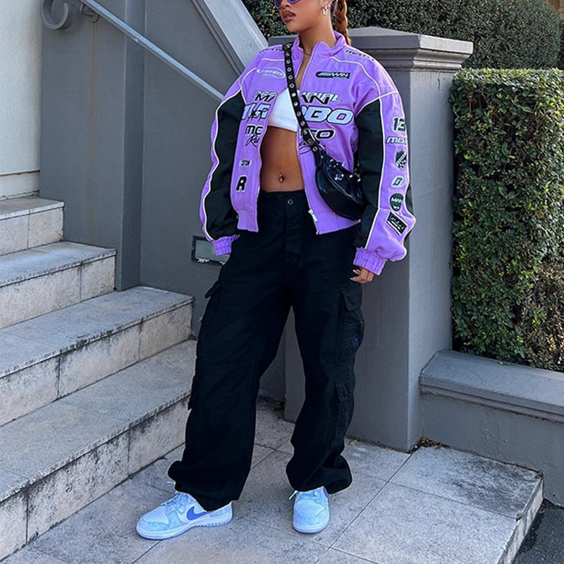 Лилаво принтено яке с дълъг ръкав, лацкан яка, полиестер, улично-пънк стил