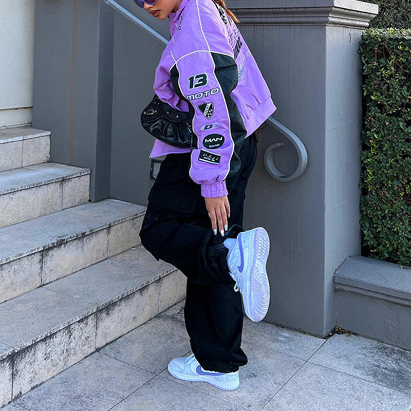 Лилаво принтено яке с дълъг ръкав, лацкан яка, полиестер, улично-пънк стил