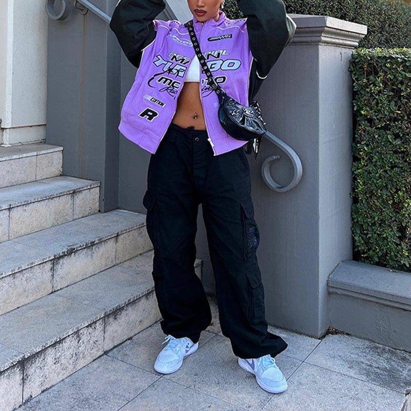 Лилаво принтено яке с дълъг ръкав, лацкан яка, полиестер, улично-пънк стил