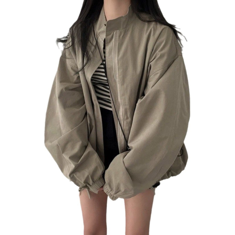 Женско леко ветроустойчиво яке с изправена яка, дълги ръкави, свободен силует, спортно бейзболно яке кардиган стил