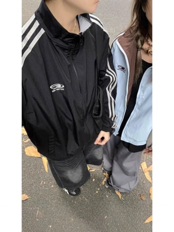 Реверсивно яке със стояща яка и райета, спортно-елегантен двучастен комплект за двойки, леко пролетно-есенно яке