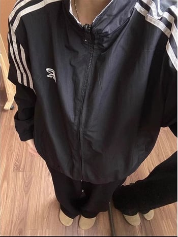 Реверсивно яке със стояща яка и райета, спортно-елегантен двучастен комплект за двойки, леко пролетно-есенно яке