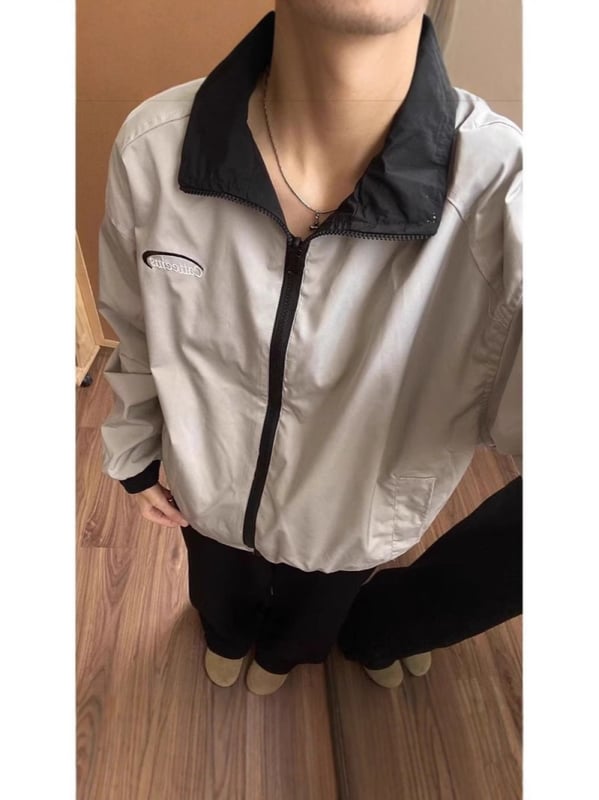 Реверсивно яке със стояща яка и райета, спортно-елегантен двучастен комплект за двойки, леко пролетно-есенно яке