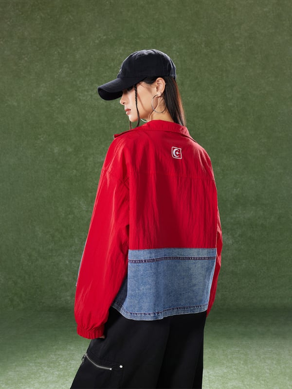 Tuogu дамско яке в американски стил, свободен силует, пролетно тънко спортно яке с patchwork деним и цветни блокове с райета