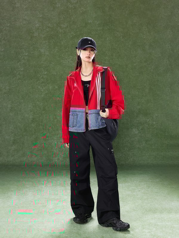 Tuogu дамско яке в американски стил, свободен силует, пролетно тънко спортно яке с patchwork деним и цветни блокове с райета