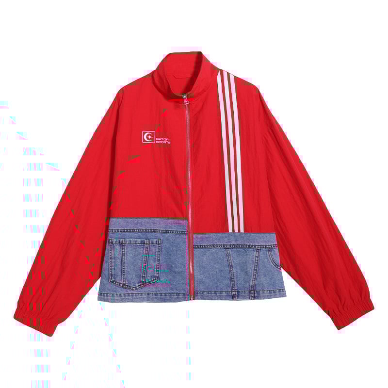 Tuogu дамско яке в американски стил, свободен силует, пролетно тънко спортно яке с patchwork деним и цветни блокове с райета