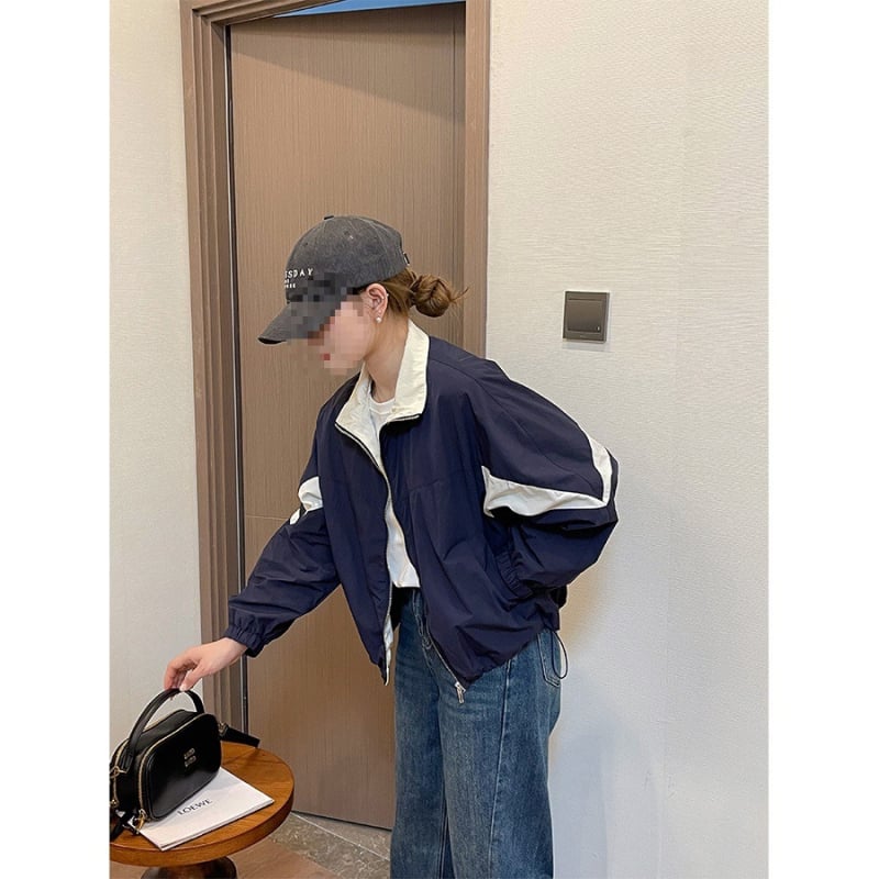 Женско ветрово яке в корейски стил, ретро цветово блокиране, тънко пролетно, свободна кройка, с регулируем шнур