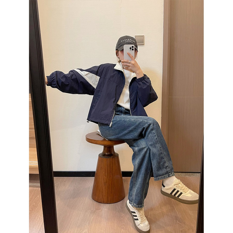 Женско ветрово яке в корейски стил, ретро цветово блокиране, тънко пролетно, свободна кройка, с регулируем шнур