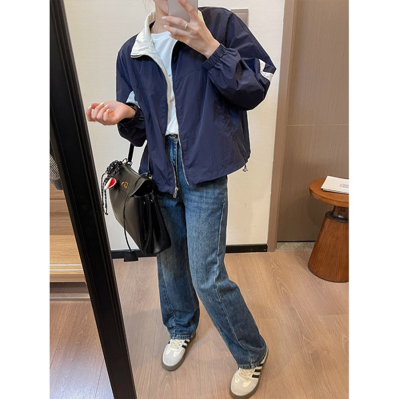 Женско ветрово яке в корейски стил, ретро цветово блокиране, тънко пролетно, свободна кройка, с регулируем шнур