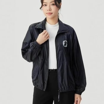 Черна дамска лека ветровка с цип и буква G, слънцезащита, лято 2025