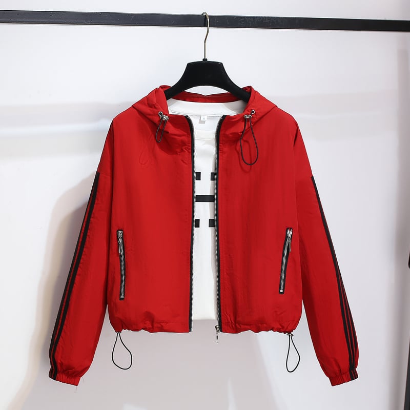 Дамско червено спортно яке с качулка, късо, висока талия, пролет 2026