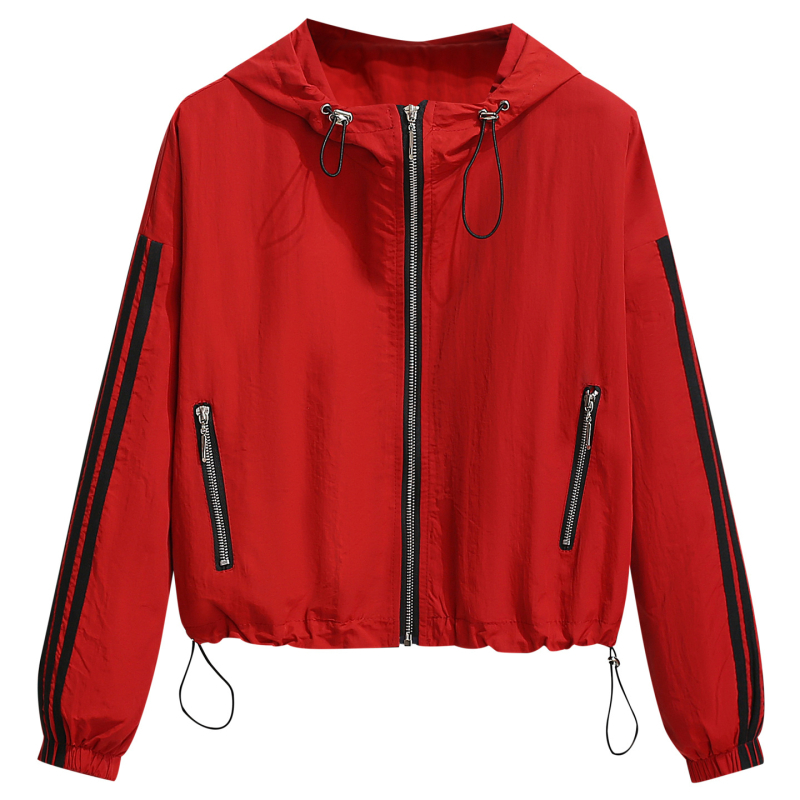 Дамско червено спортно яке с качулка, късо, висока талия, пролет 2026