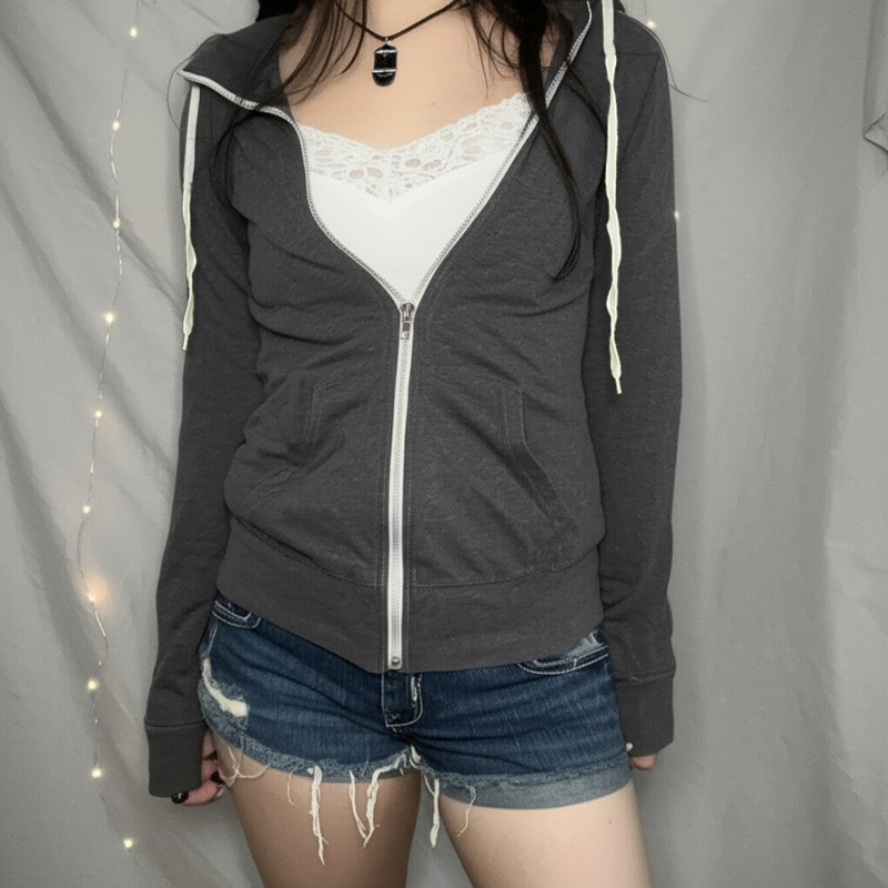 Ženski hoodie s kapuljom i zatvaračem, korejski casual sportski stil, siva, ležeran kroj, jesenska jakna