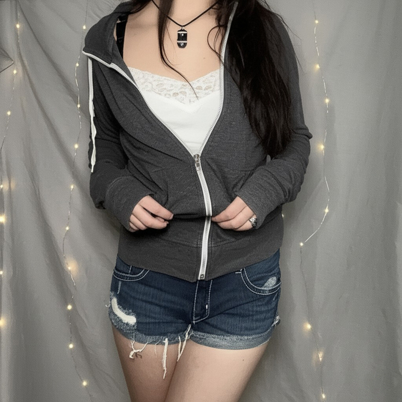 Ženski hoodie s kapuljom i zatvaračem, korejski casual sportski stil, siva, ležeran kroj, jesenska jakna