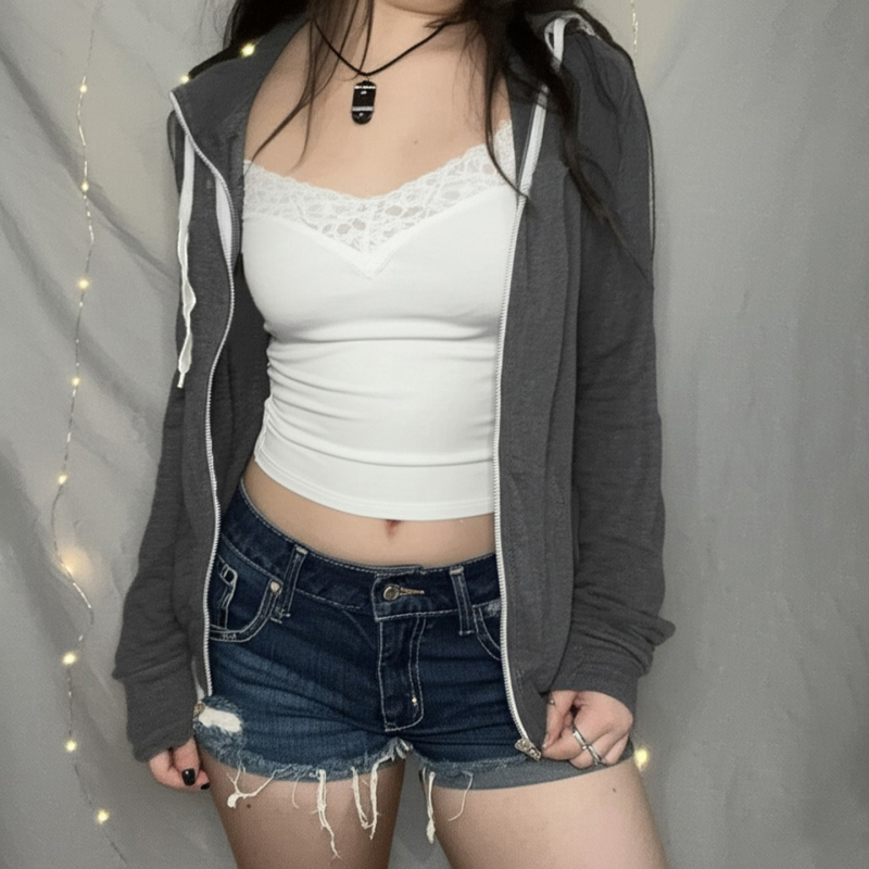 Ženski hoodie s kapuljom i zatvaračem, korejski casual sportski stil, siva, ležeran kroj, jesenska jakna