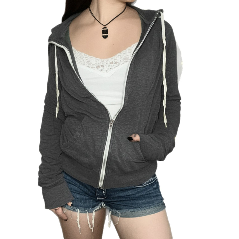Ženski hoodie s kapuljom i zatvaračem, korejski casual sportski stil, siva, ležeran kroj, jesenska jakna