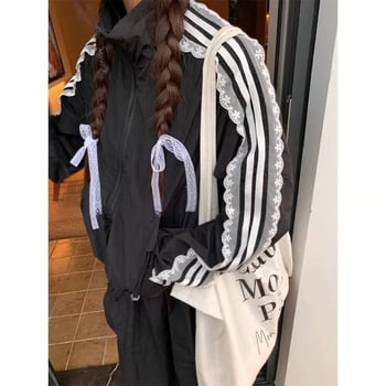 Дамско спортно яке със дантела и черни ивици, корейски стил, лек летен модел