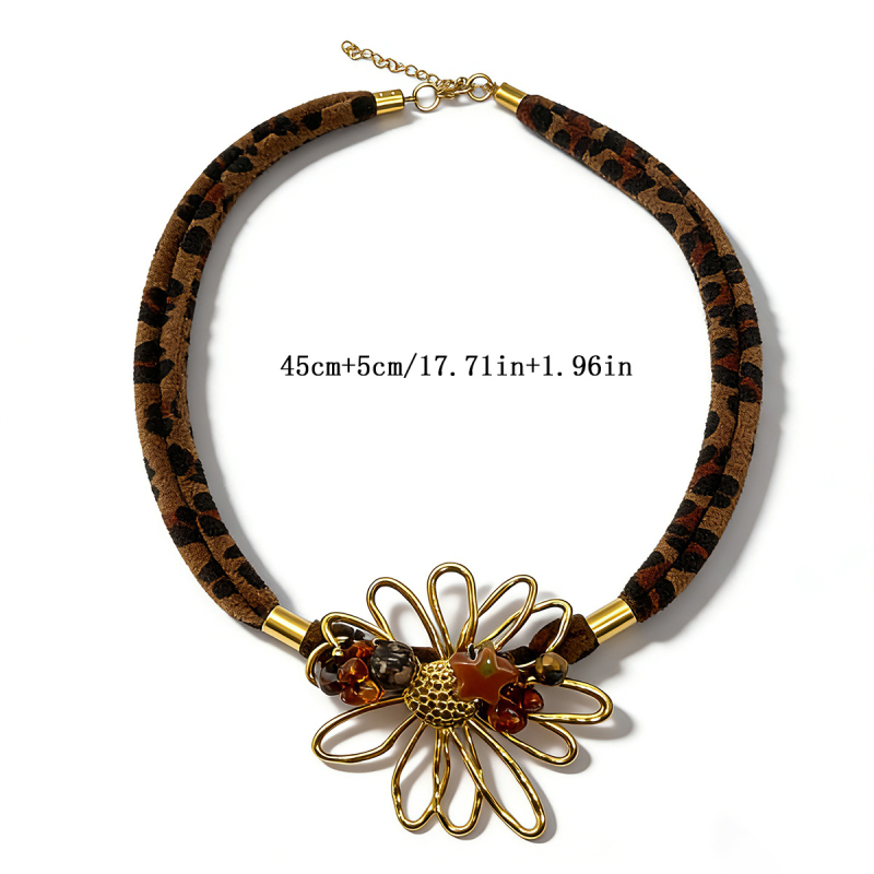 Nakit od nehrđajućeg čelika s privjeskom u obliku cvijeta, ručno tiskani leopard uzorak, U-oblik, uvijen lanac, duljina 41–50 cm, PVD zlatni premaz, za žene, proljeće 2025.