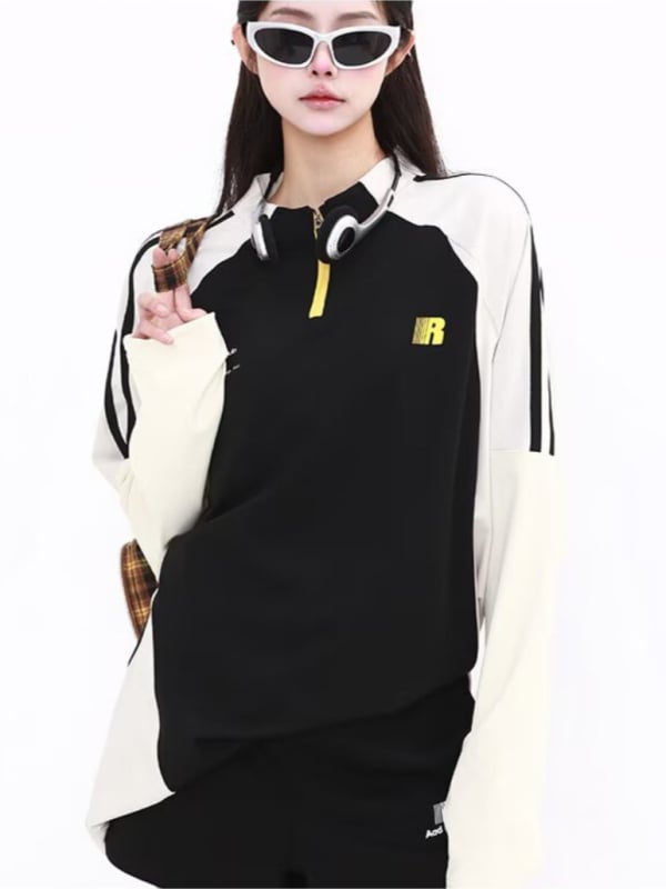 2025 Αμερικανικού στυλ φούτερ με χρωματικά μπλοκ, ράγκλαν μανίκια, στρογγυλός λαιμός, unisex, ρετρό αθλητικό ένδυμα