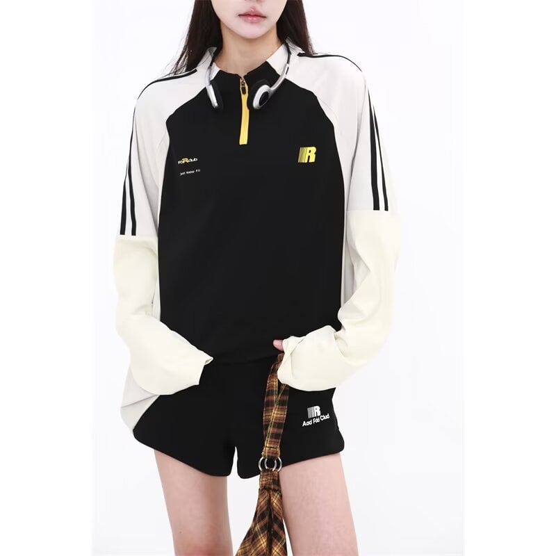 2025 Αμερικανικού στυλ φούτερ με χρωματικά μπλοκ, ράγκλαν μανίκια, στρογγυλός λαιμός, unisex, ρετρό αθλητικό ένδυμα