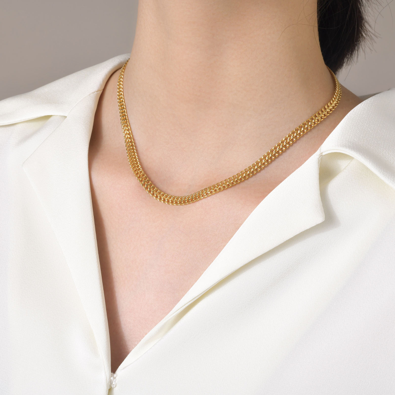 Huan Mu nakit – Ženski dvostruki lanac od titan čelika zlatnog tona, minimalistički stil