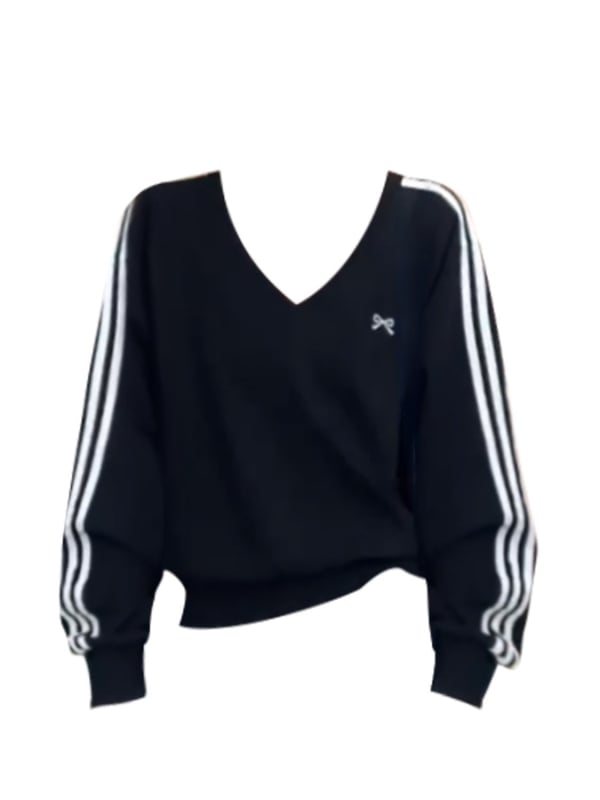 Μαύρο φούτερ με V-λαιμό, τρεις ρίγες και φιόγκο, ρετρό αμερικάνικου στυλ, χαλαρή γραμμή, αθλητικό καθημερινό τοπ
