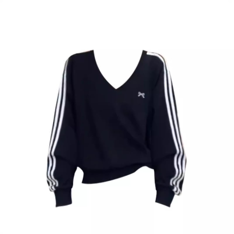 Μαύρο φούτερ με V-λαιμό, τρεις ρίγες και φιόγκο, ρετρό αμερικάνικου στυλ, χαλαρή γραμμή, αθλητικό καθημερινό τοπ