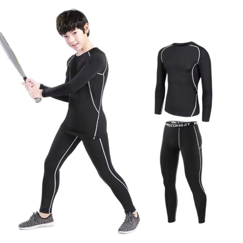 Set de fitness de iarnă unisex: tricou cu mâneci lungi, căptușit cu fleece pentru baschet și fotbal, pantaloni de bază pentru adulți și copii