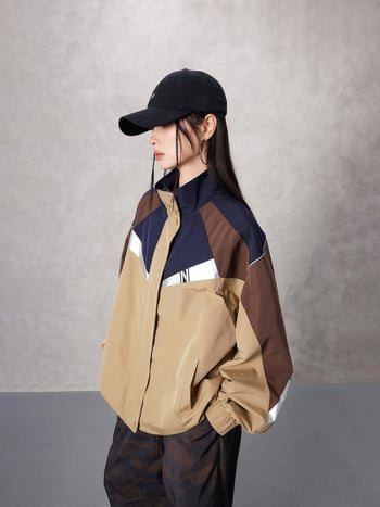 Tuogu Γυναικείο μπουφάν trench άνοιξης, καφέ με χρωματικό μπλοκ, με σταθερή γιακά, χαλαρή γραμμή, μακριά μανίκια, casual στυλ