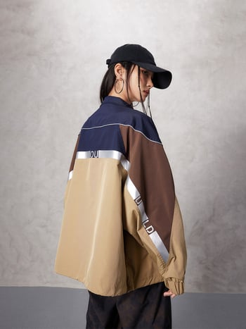 Tuogu Γυναικείο μπουφάν trench άνοιξης, καφέ με χρωματικό μπλοκ, με σταθερή γιακά, χαλαρή γραμμή, μακριά μανίκια, casual στυλ