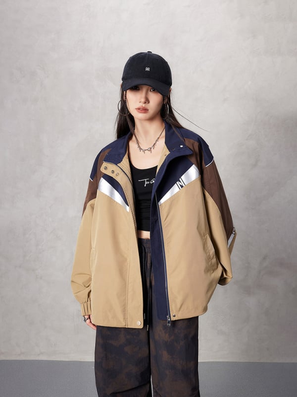 Tuogu Γυναικείο μπουφάν trench άνοιξης, καφέ με χρωματικό μπλοκ, με σταθερή γιακά, χαλαρή γραμμή, μακριά μανίκια, casual στυλ