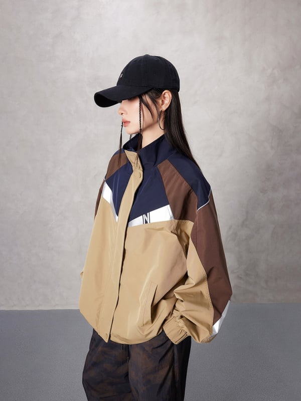 Tuogu Γυναικείο μπουφάν trench άνοιξης, καφέ με χρωματικό μπλοκ, με σταθερή γιακά, χαλαρή γραμμή, μακριά μανίκια, casual στυλ