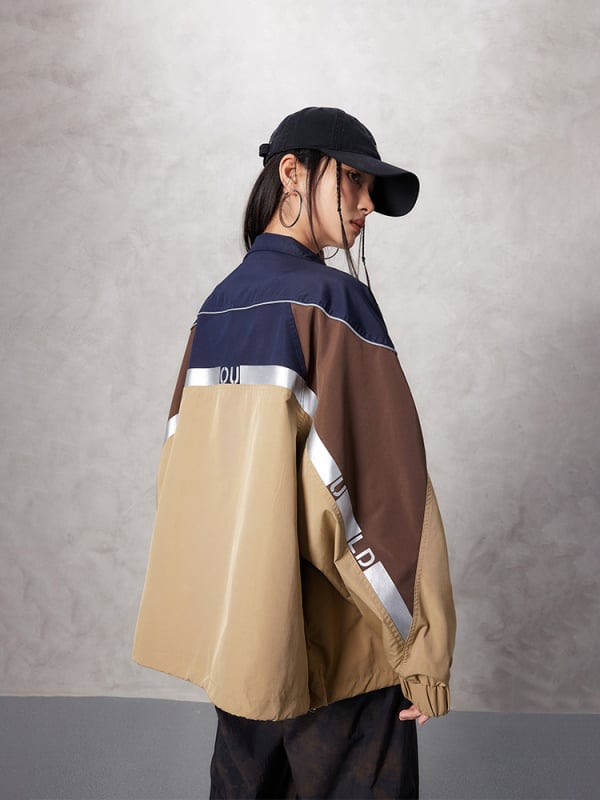 Tuogu Γυναικείο μπουφάν trench άνοιξης, καφέ με χρωματικό μπλοκ, με σταθερή γιακά, χαλαρή γραμμή, μακριά μανίκια, casual στυλ