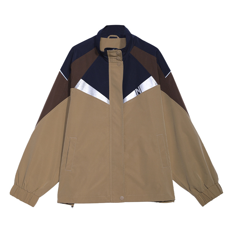 Tuogu Γυναικείο μπουφάν trench άνοιξης, καφέ με χρωματικό μπλοκ, με σταθερή γιακά, χαλαρή γραμμή, μακριά μανίκια, casual στυλ