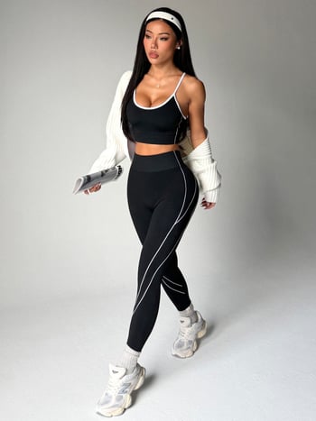 Европейски и американски нов стил женски йога комплект с контрастни цветове, тесни панталони за йога с висока талия за повдигане на ханша, тънки презрамки, спортен сутиен и бельо